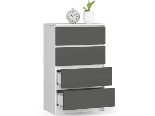 Zobacz Komoda do salonu K 60 cm 4 szuflady - biała-grafit szary Komoda do salonu K 60 cm 4 szuflady - biała-grafit szary