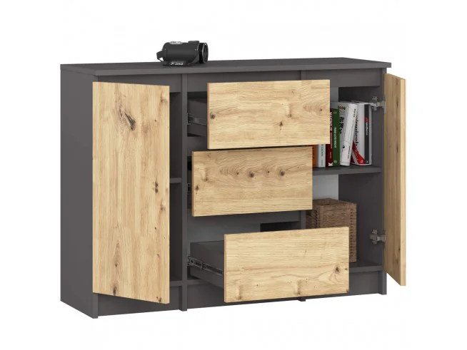 KOMODA K100 2D 3SZ PK GRAFIT SZARY / DĄB ARTISAN