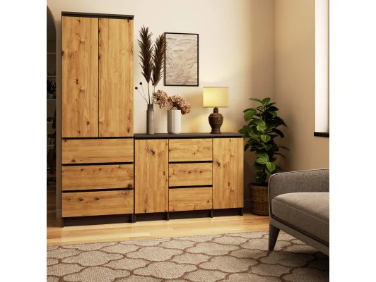 KOMODA K100 2D 3SZ PK GRAFIT SZARY / DĄB ARTISAN