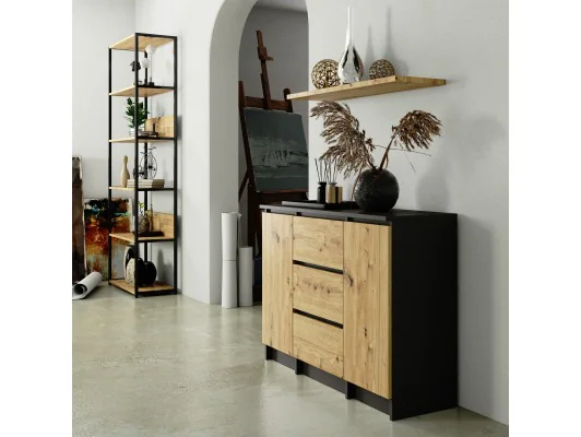 KOMODA K100 2D 3SZ PK GRAFIT SZARY / DĄB ARTISAN