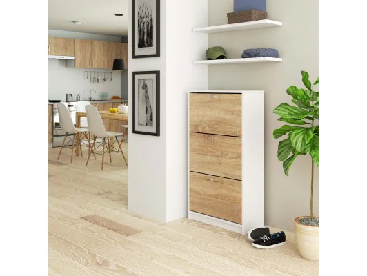 Szafka na buty 3 uchylne drzwiczki 60 cm - biała-dąb sonoma