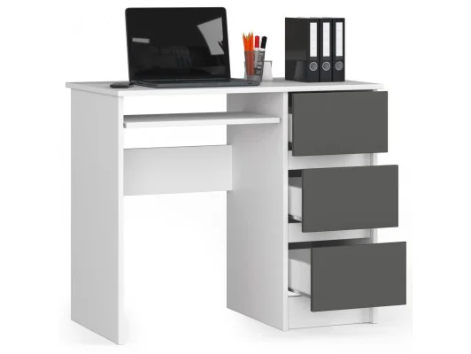 Zobacz Biurko komputerowe A-6 90 cm prawe - białe-grafit szary - 3 szuflady Biurko komputerowe A-6 90 cm prawe - białe-grafit szary - 3 szuflady