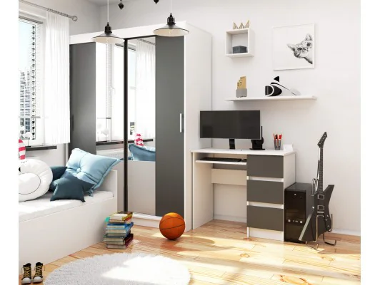 Biurko komputerowe A-6 90 cm prawe - białe-grafit szary - 3 szuflady