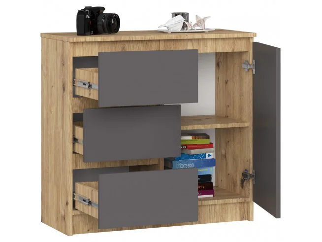 KOMODA K80 JERRY 1D 3SZ PK DĄB ARTISAN / GRAFIT SZARY