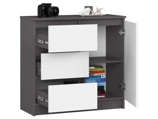 Zobacz KOMODA K80 JERRY 1D 3SZ PK GRAFIT SZARY / BIAŁA KOMODA K80 JERRY 1D 3SZ PK GRAFIT SZARY / BIAŁA