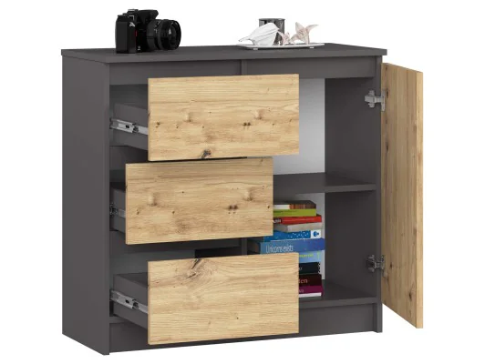 KOMODA K80 JERRY 1D 3SZ PK GRAFIT SZARY / DĄB ARTISAN