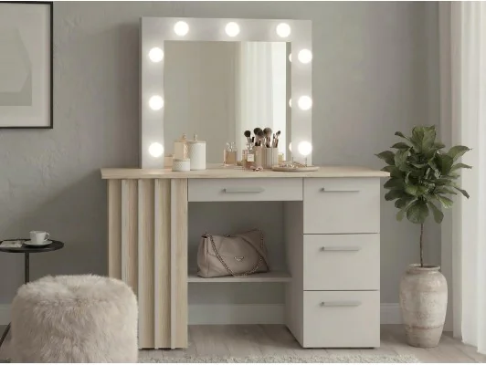 Toaletka Montana z lustrem LED 9 punktów – kaszmir + dąb cremona, nowoczesna i pojemna