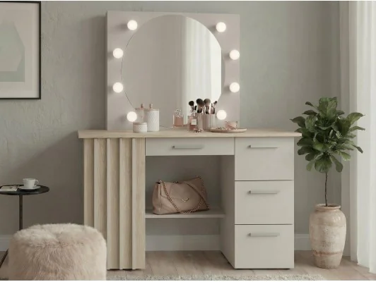 Toaletka Montana z okrągłym lustrem LED 8 punktów – kaszmir + dąb cremona, nowoczesna i pojemna