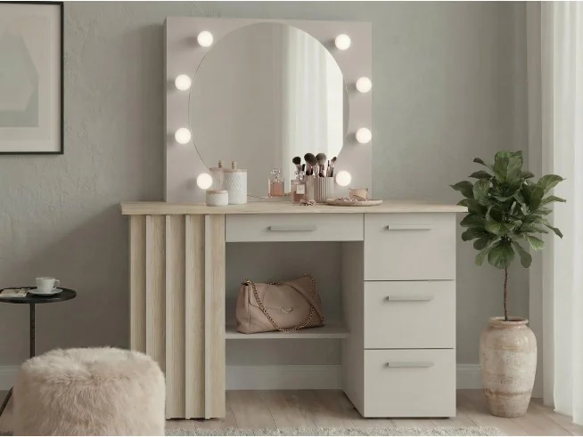 Toaletka Montana z okrągłym lustrem LED 8 punktów – kaszmir + dąb cremona, nowoczesna i pojemna