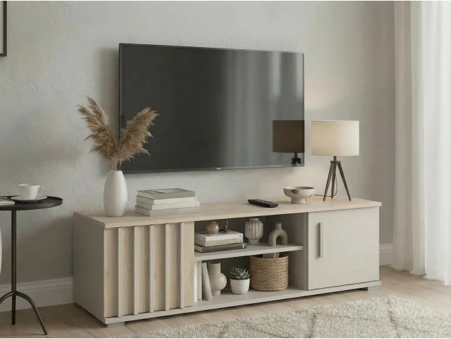 Szafka RTV Montana 140 – kaszmir + dąb cremona, nowoczesna i funkcjonalna