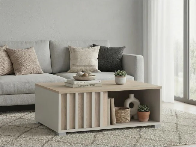 Stolik kawowy Montana 90 – kaszmir + dąb cremona, nowoczesny i funkcjonalny