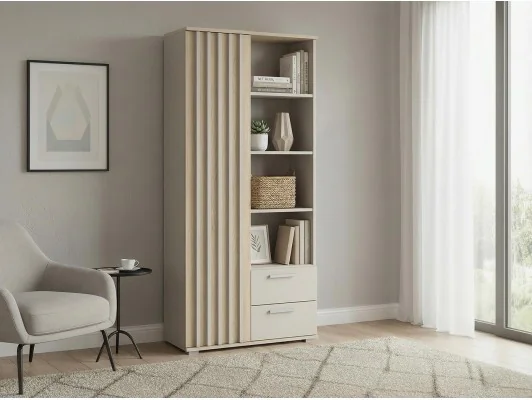 Zobacz Regał R80 1D2SZ Montana z lamelami, szufladami i drzwiami – kaszmir / dąb cremona | pojemny regał na książki i dokumenty Regał R80 1D2SZ Montana z lamelami, szufladami i drzwiami – kaszmir / dąb cremona | pojemny regał na książki i dokumenty