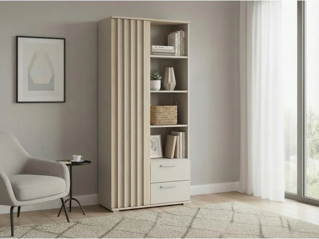 Regał R80 1D2SZ Montana z lamelami, szufladami i drzwiami – kaszmir / dąb cremona | pojemny regał na książki i dokumenty