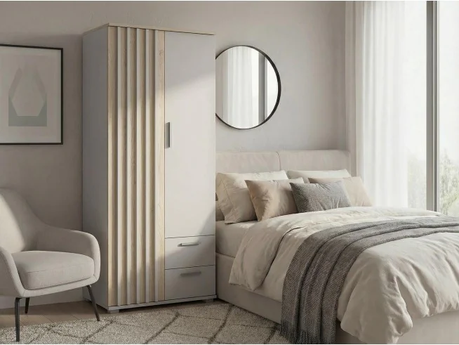 Szafa Montana 85 cm z lamelami, drążkiem i szufladami – kaszmir / dąb cremona | nowoczesna szafa na ubrania