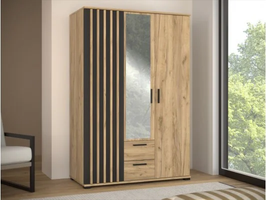 Szafa garderoba MONTANA 120 z lustrem | Lamele, szuflady, drążek | Dąb Craft Czarny