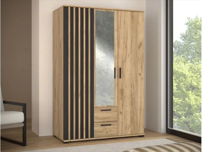 Szafa garderoba MONTANA 120 z lustrem | Lamele, szuflady, drążek | Dąb Craft Czarny