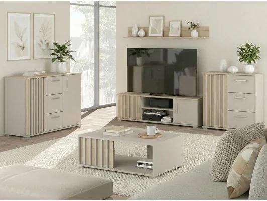 Zestaw mebli do salonu Montana| RTV, stolik, 2 komody | Lamele Kaszmir Dąb Cremona