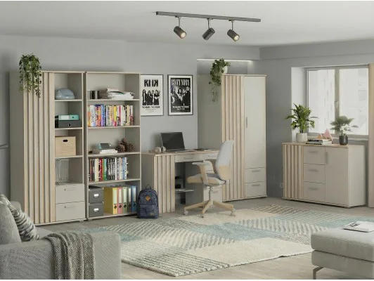 Meble młodzieżowe zestaw Montana lamele | Biurko, komody, regały, szafa | Kaszmir Dąb