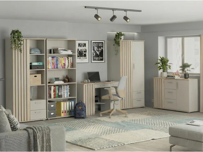 Meble młodzieżowe zestaw Montana lamele | Biurko, komody, regały, szafa | Kaszmir Dąb