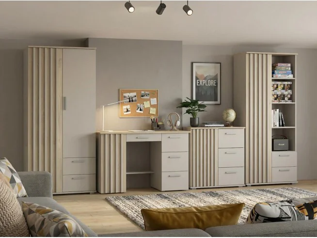 Meble młodzieżowe zestaw Montana lamele | Biurko, komoda 80, regał R80, szafa | Kaszmir Dąb