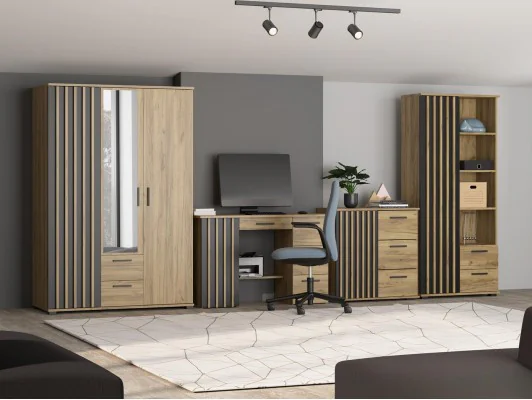 Zestaw mebli młodzieżowych MONTANA biurko komoda regał szafa, dąb craft/ czarny