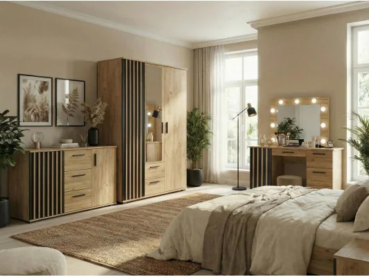 Zestaw mebli Montana do sypialni toaletka, komoda, szafa dąb craft / czarny