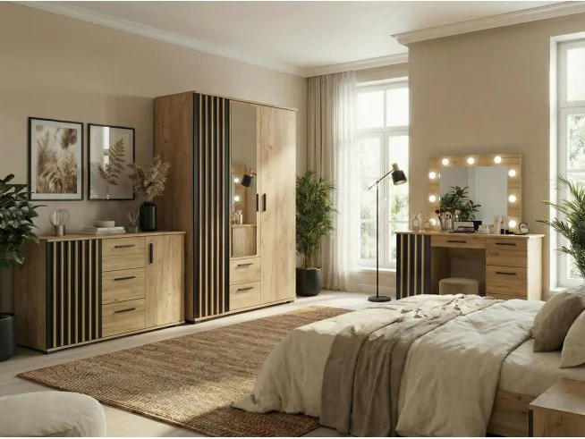 Zestaw mebli Montana do sypialni toaletka, komoda, szafa dąb craft / czarny