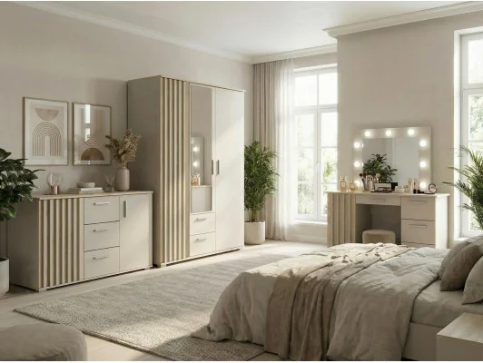 Zestaw mebli Montana do sypialni toaletka, komoda, szafa kaszmir/ dąb cremona