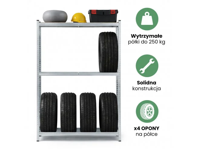Regał Na Opony Metalowy Garażowy 120 Cm 3 Półki 120X40X180 Galwanizowany Srebrny