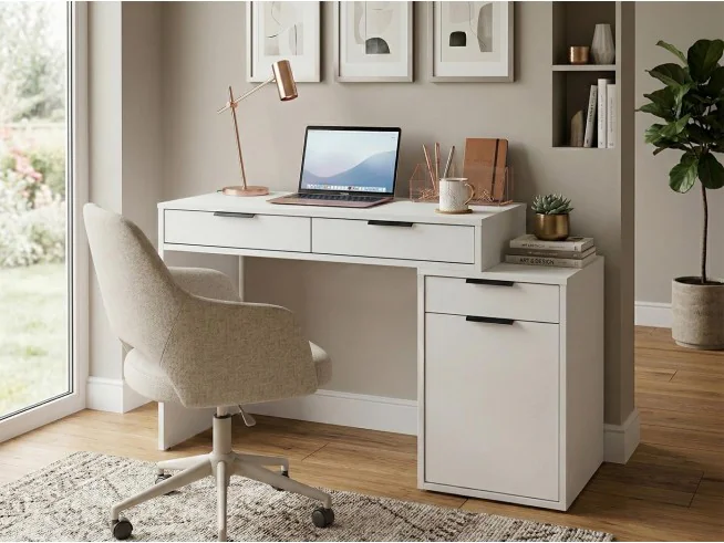 Biurko komputerowe Linea 108 cm z szafką i 3 szufladami – nowoczesne biurko do pracy i nauki | biały / dąb craft / kaszmir