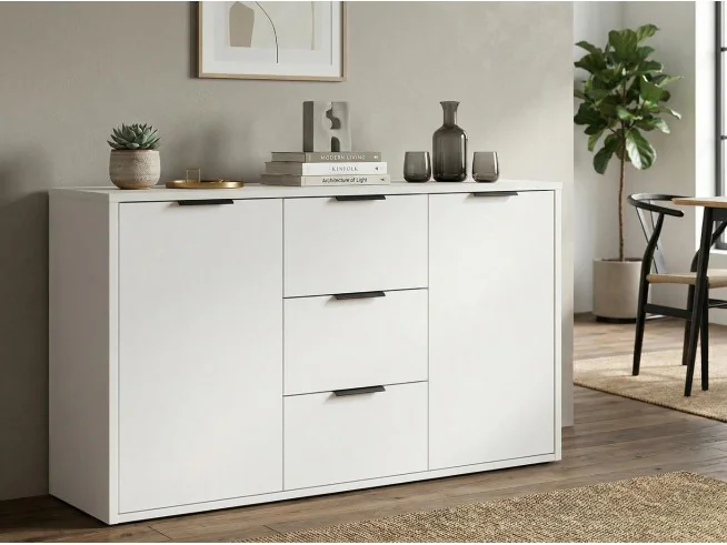 Komoda Linea 110 cm z 3 szufladami i 2 drzwiami – komoda do salonu i sypialni | biały / kaszmir / dąb craft / antracyt-craft