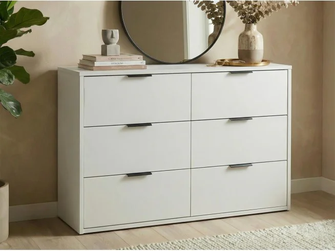 Komoda Linea 110 cm z 6 szufladami – nowoczesna komoda do salonu i sypialni | biały / kaszmir / dąb cra