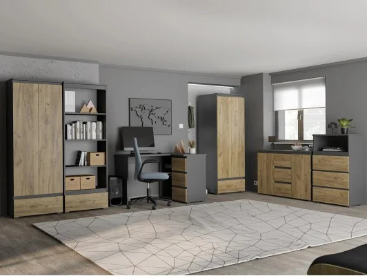 Funkcjonalny tani zestaw mebli do pokoju młodzieżowego NEO 02 antracyt / dąb craft