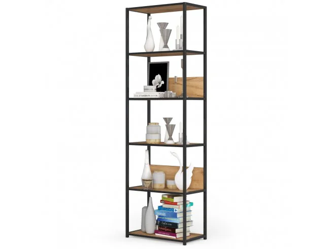 Regał Loftowy Metalowy 60 Cm - Czarny-Dąb Craft - 6 Półek