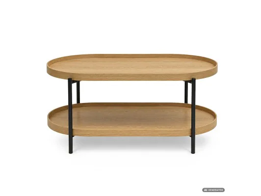 Stolik Kawowy Loftowy Cortado 90 Cm Owalny Z Półką Naturalne Drewno Czarne Nogi