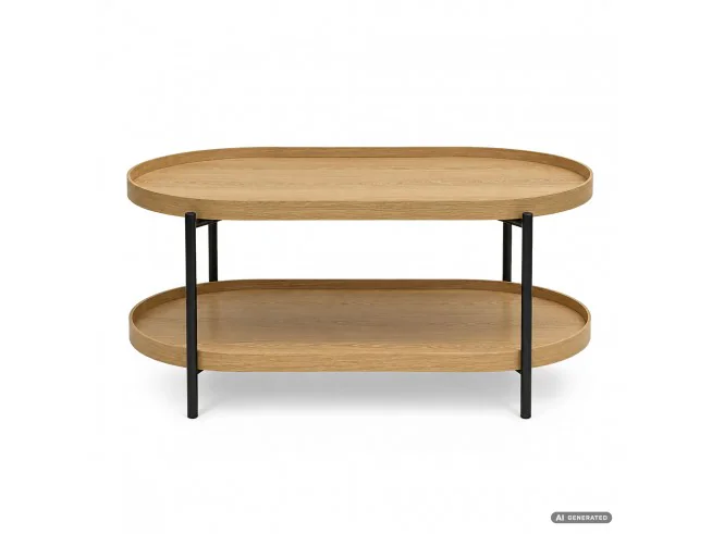 Stolik Kawowy Loftowy Cortado 90 Cm Owalny Z Półką Naturalne Drewno Czarne Nogi