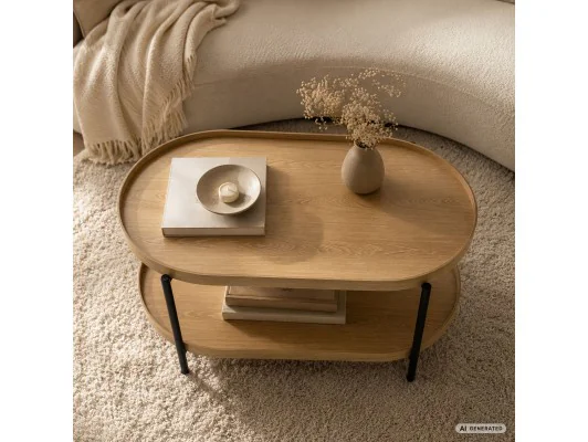 Stolik Kawowy Loftowy Cortado 90 Cm Owalny Z Półką Naturalne Drewno Czarne Nogi