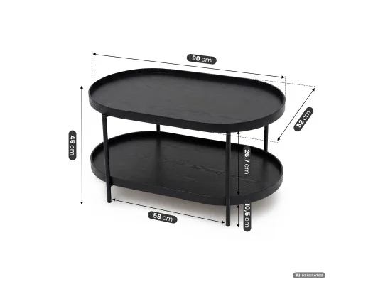 Stolik Kawowy Loftowy Cortado 90 Cm Owalny Z Półką Czarny Czarne Nogi