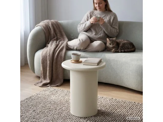 Stolik Kawowy Okrągły Mono 30 Cm Kremowy Na Cylindrycznej Podstawie