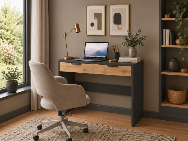 Stylowe biurko do pracy LINEA T3 – Kaszmir / Złoty lub Antracyt / Dąb Craft / Czarny