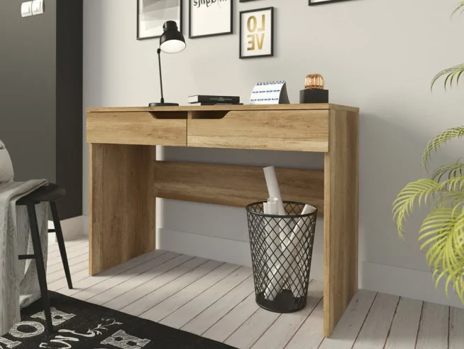 Nowoczesne biurko proste z szufladami Malaga białe, betonowe, dąb romański