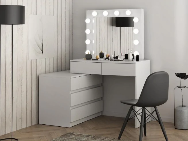 Narożna toaletka kosmetyczna z lustrem i oświetleniem Carla 12 Led z komodą biała, sonoma, dąb craft